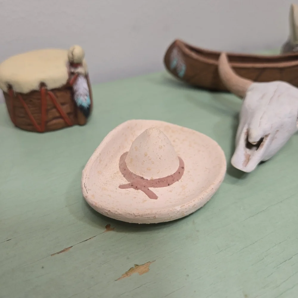 Ceramic Southwestern Miniatures DecorHat, Moccasins, Canoe, Drum, Wagon, Skull